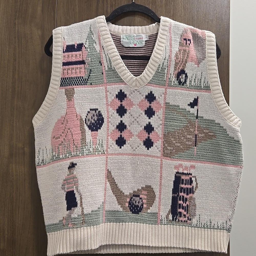 Vintage Pacific Coast  Novelty Golf Pull-Over V-neck Sweater Vest-Size Large